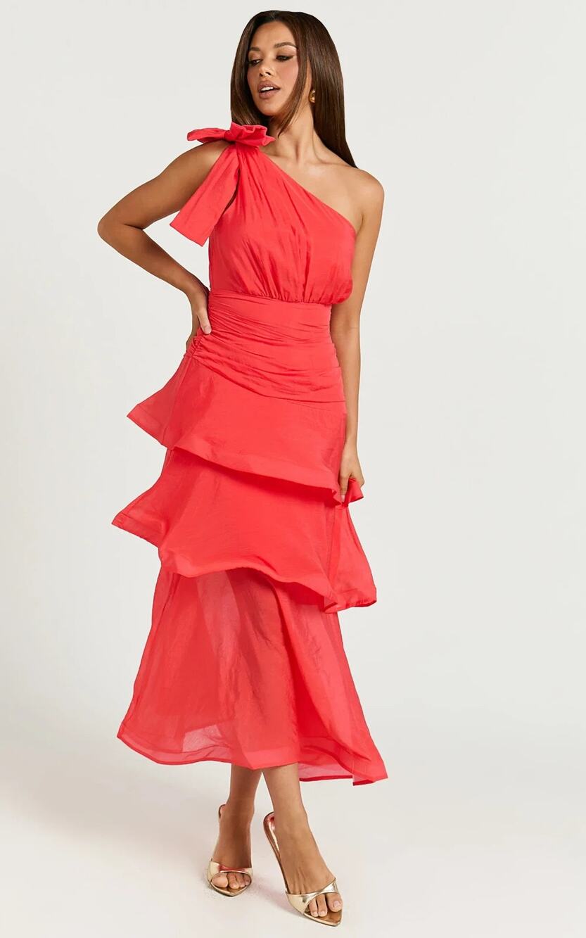 Showpo Eugenia One-Shoulder Red Tiered Ruffle Bow Midi Cocktail Dress Sz 10 NWT